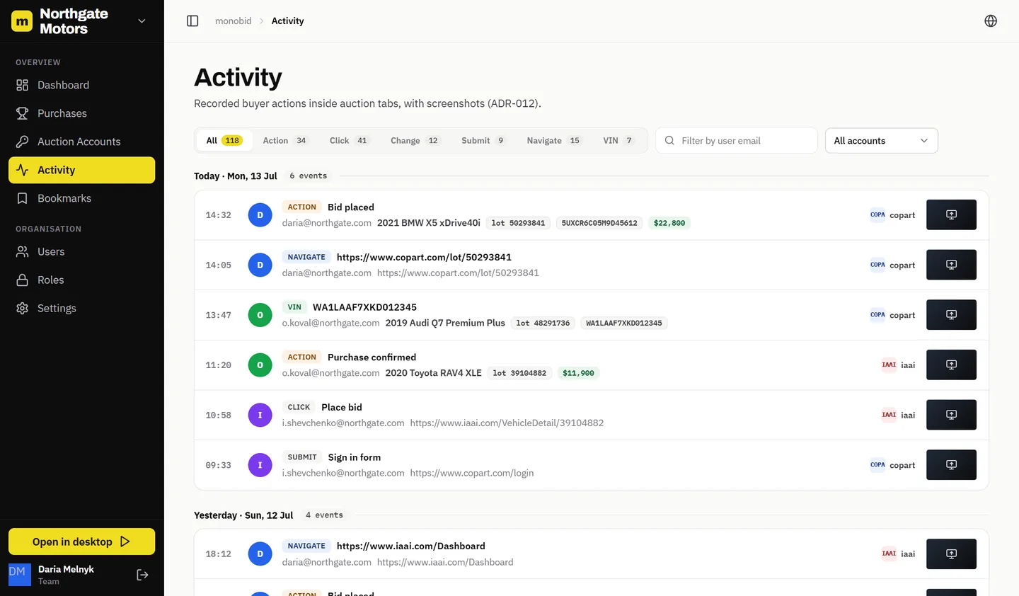 Monobid web panel: recorded buyer actions with screenshots, filters and timestamps