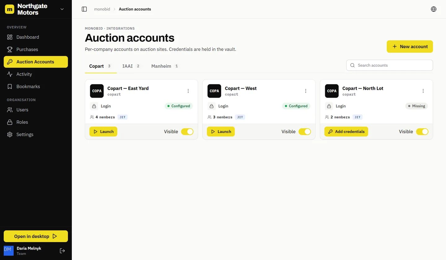 Monobid web panel: auction-account management