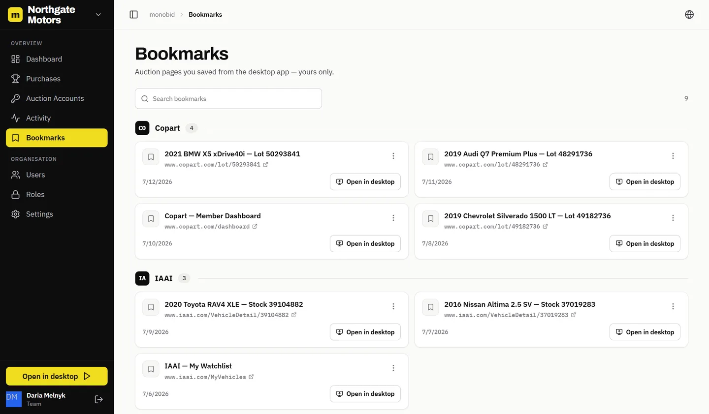 Monobid web panel: bookmarked auction lots