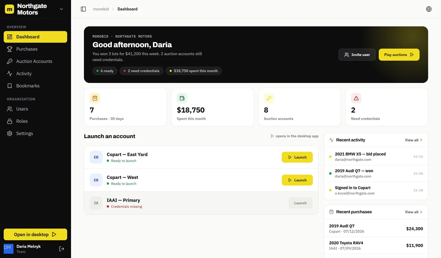 Monobid web panel: personal dashboard