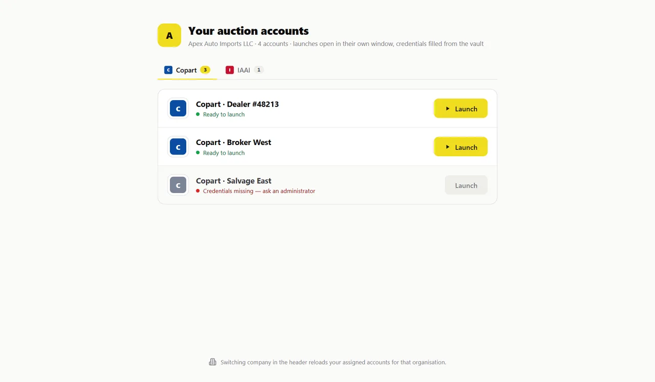Monobid desktop app: auction-account launcher with Copart and IAAI accounts ready to launch