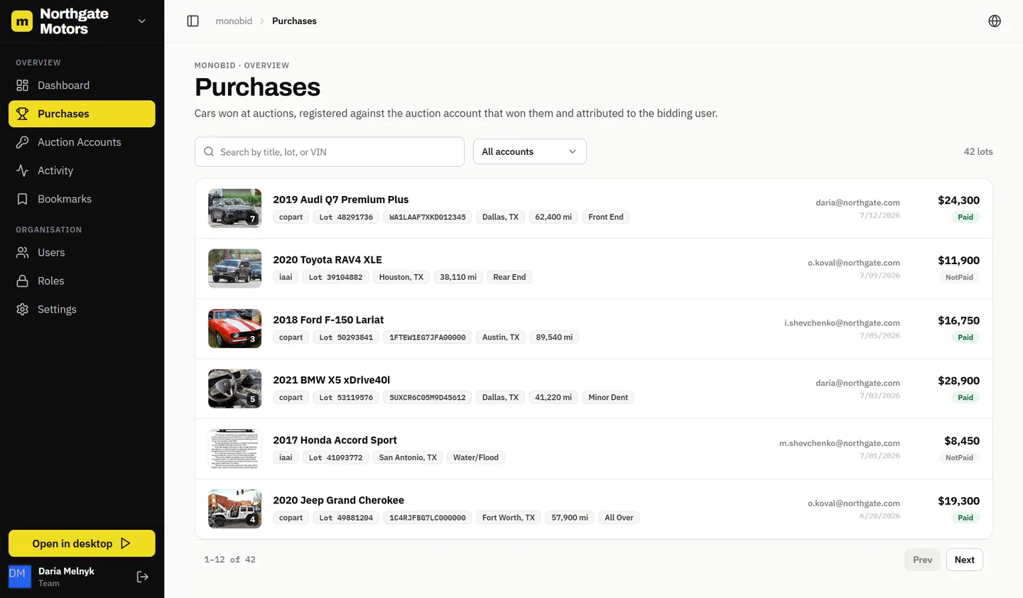 Monobid web panel: purchases attributed to buyers
