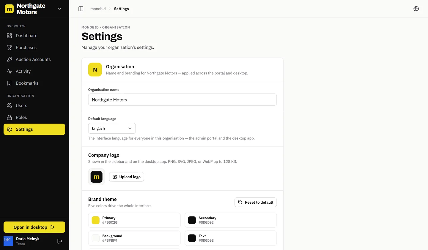 Monobid web panel: organisation settings