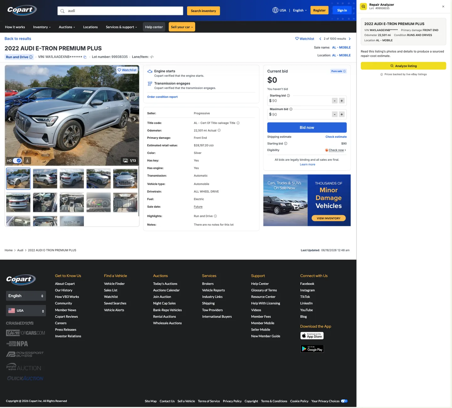 Repair Analyzer: the “Analyze listing” button on a Copart lot page