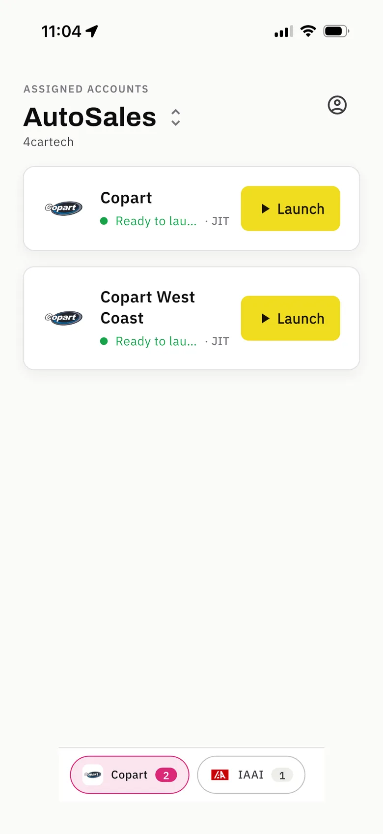 Monobid on iPhone: assigned Copart and IAAI accounts, each ready to launch