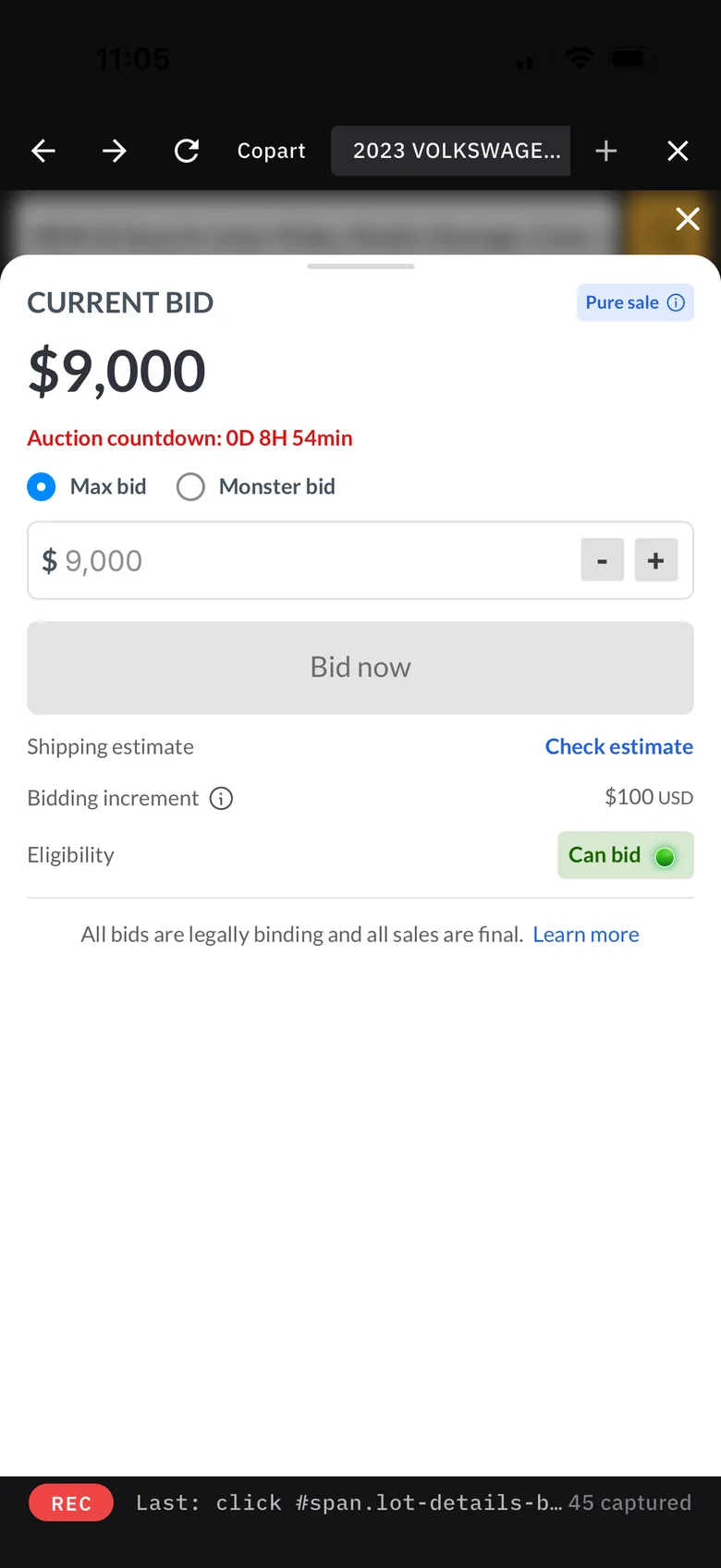 Placing a max bid on a live Copart auction from Monobid on iPhone